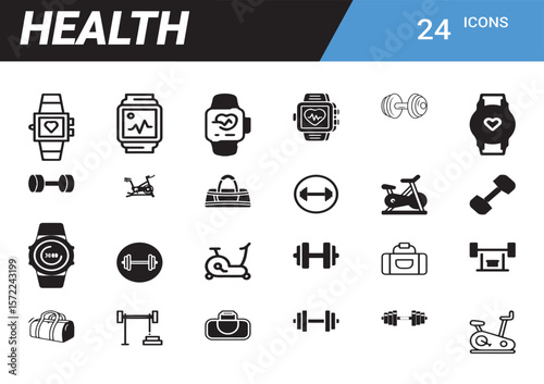 Health and Fitness Icons: A comprehensive collection of health and fitness icons, meticulously designed with modern aesthetics, suitable for applications, websites, and health-related visuals. 