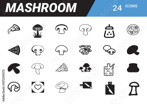Mushroom Icon Set: A comprehensive collection of 24 unique mushroom icons, perfect for culinary, botanical, or gaming projects.  These versatile icons are designed in a simple, modern style.