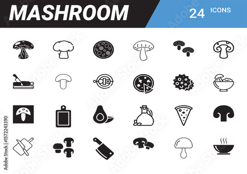 Mushroom Icon Set: A diverse collection of precisely crafted mushroom illustrations, offering a comprehensive visual guide to culinary essentials and natural diversity.