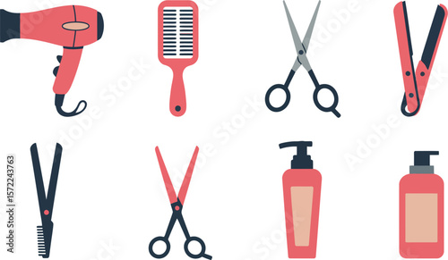 Illustration of hair styling tools including dryer scissors and shampoo bottles