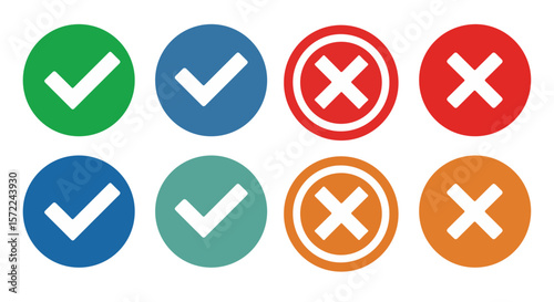Checkmark and Cross Mark Icons Set.Set of 8 circular checkmark and cross mark icons in various colors/styles. Symbolizes approval/error, correct/incorrect. Ideal for UI, forms, and status.