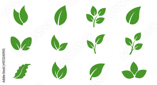 Diverse Collection of Green Leaf Icons. Diverse set of 12 green leaf icons: single, paired, clustered, and branching. Symbolizes nature, growth, freshness, and eco-friendliness.