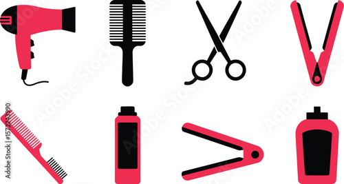 Hair styling tools set with hair dryer, combs, scissors, and hair straightener