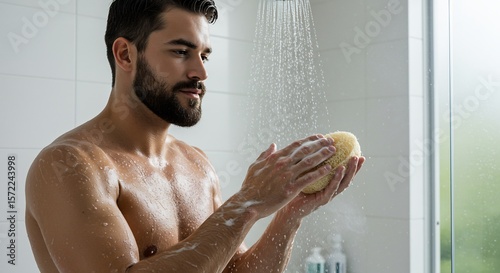 Bearded man in shower holding a loofah with foamy hands under falling water wet body white tiles