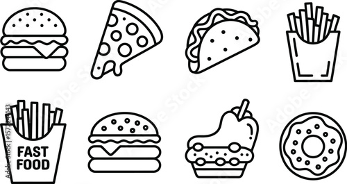 Collection of outlined fast food icons including burgers pizza and fries