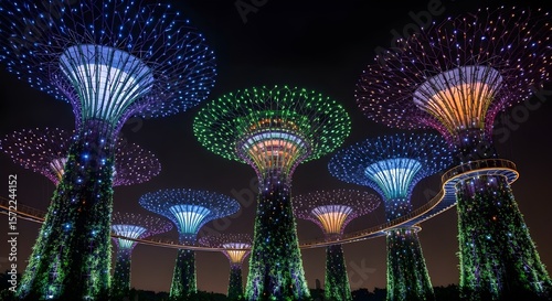 Illuminated Supertrees at Gardens by the Bay in Singapore, showcasing a futuristic and vibrant night scene.