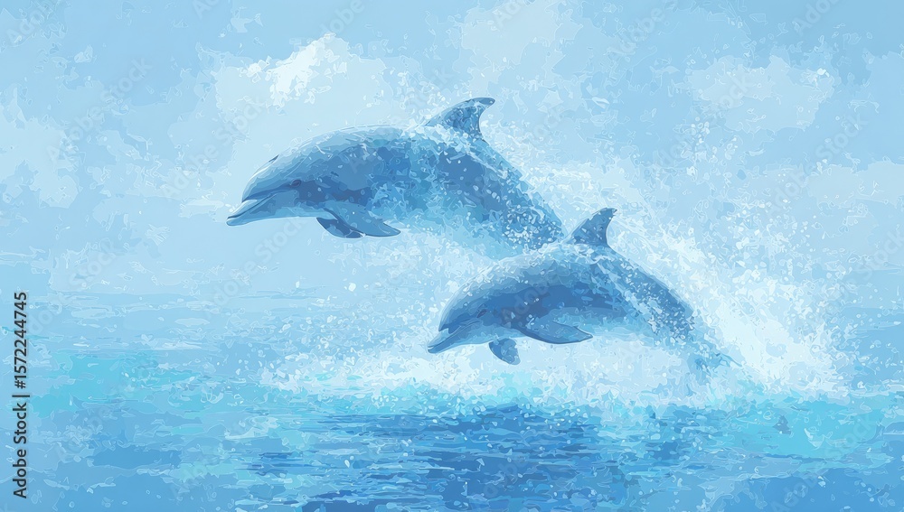 Fototapeta premium Two dolphins leap playfully in a light blue ocean, soft clouds above