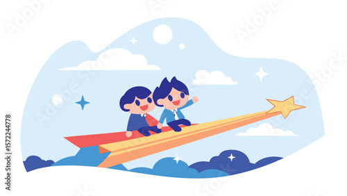 Two cartoon boys riding a star rocket through a sky with clouds and stars, vector illustration, fun trip