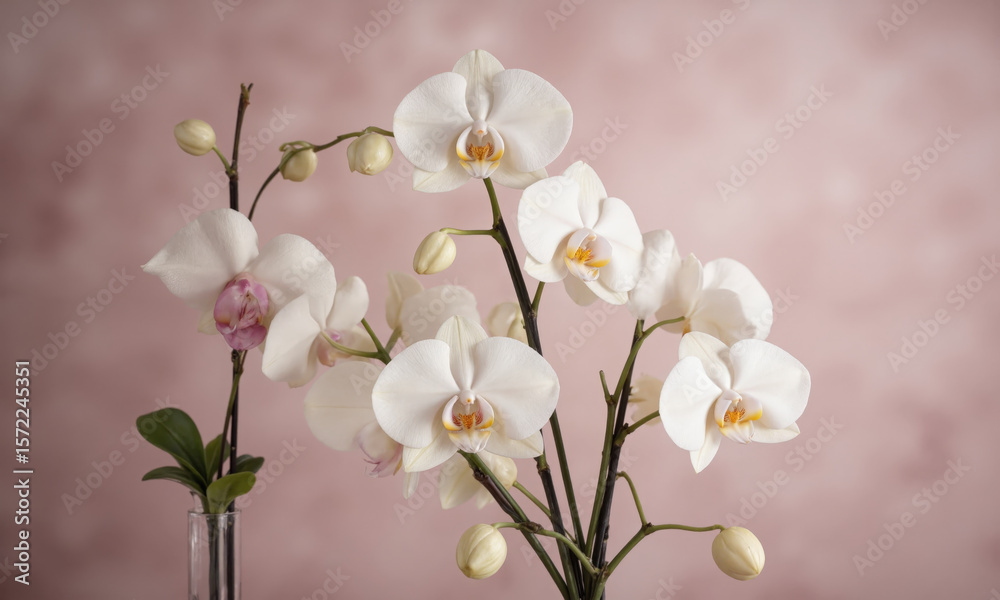 Obraz premium Wedding Bliss (Peonies White Roses Orchids) tall, rounded vase with water in soft ivory, holding an elegant bouquet