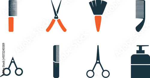 A collection of various hair styling tools and products in a flat design