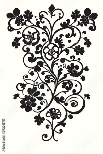 Elaborate floral flourish silhouette pattern in black, delicate design
