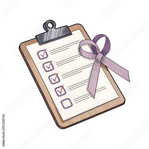Clipboard with Awareness Checklist and Ribbon Mark for Breast Cancer Awareness