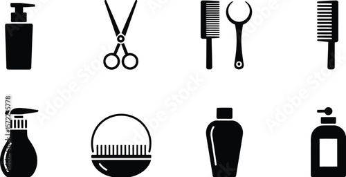 Black silhouettes of hair salon tools and products on a white background