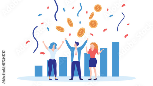 Three people celebrating success with rising bar graph and falling confetti and coins illustration