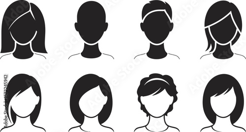 Illustration of eight different head silhouettes with various hairstyles