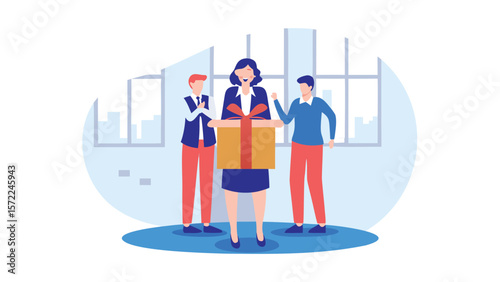 Woman in suit holding a large gift box with two men standing beside her in an office setting indoors