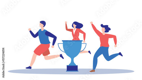 Illustration of three people running towards a large blue trophy in a competitive and celebratory manner