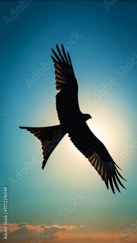 Eagle Silhouette Flying in Sky – Majestic Raptor Against Clean sky or Sunset Background