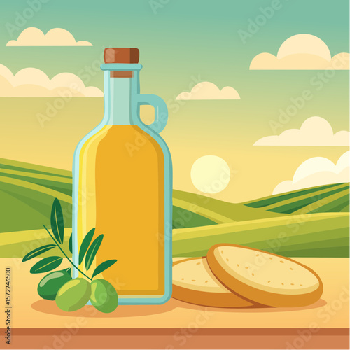 bottle of fresh olive oil with branch with green olives and ciabatta