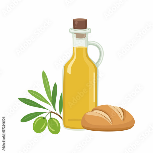 bottle of fresh olive oil with branch with green olives and ciabatta