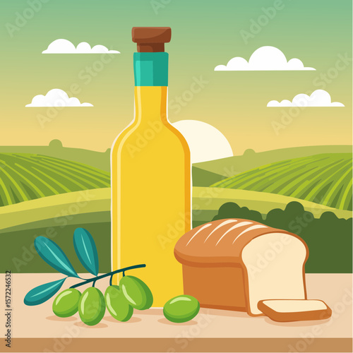 bottle of fresh olive oil with branch with green olives and ciabatta