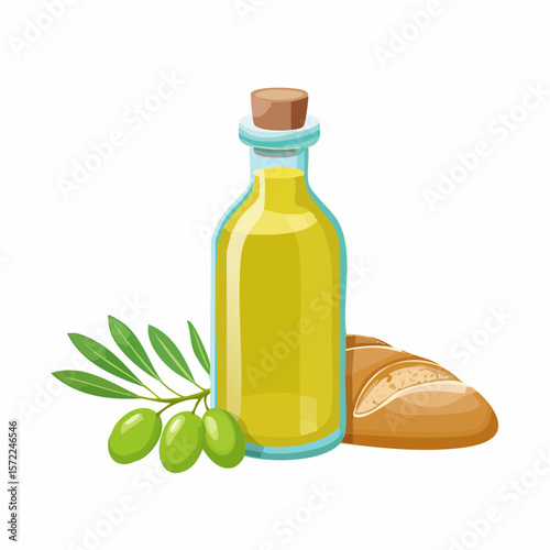 bottle of fresh olive oil with branch with green olives and ciabatta