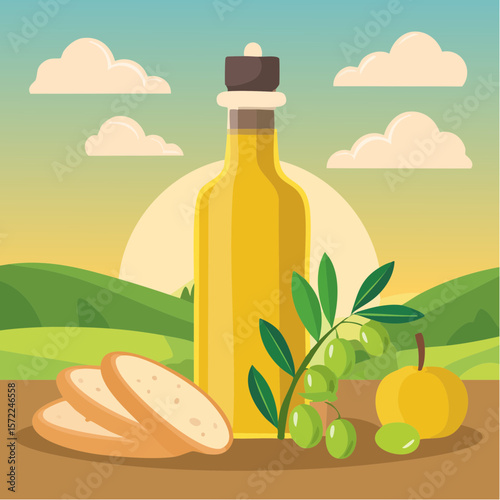 bottle of fresh olive oil with branch with green olives and ciabatta