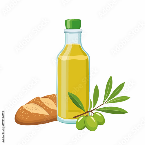 bottle of fresh olive oil with branch with green olives and ciabatta