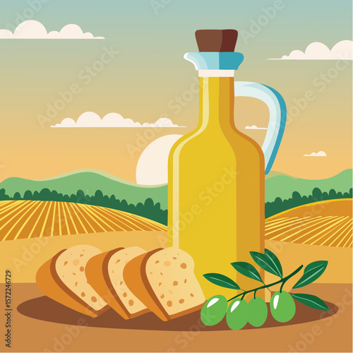 bottle of fresh olive oil with branch with green olives and ciabatta
