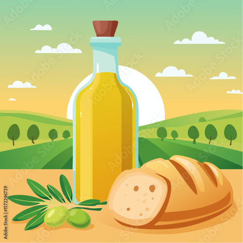 bottle of fresh olive oil with branch with green olives and ciabatta
