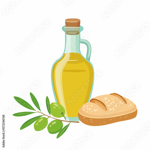 bottle of fresh olive oil with branch with green olives and ciabatta