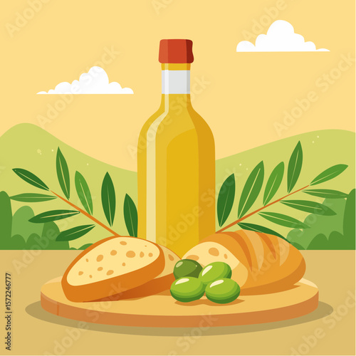 bottle of fresh olive oil with branch with green olives and ciabatta