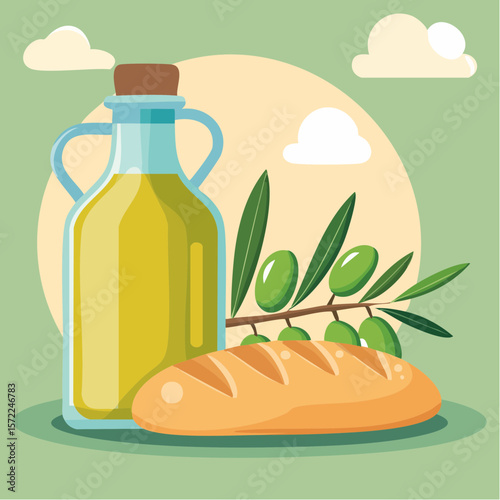bottle of fresh olive oil with branch with green olives and ciabatta