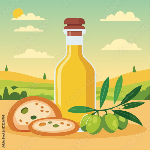 bottle of fresh olive oil with branch with green olives and ciabatta
