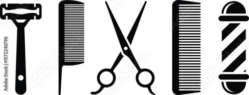 A graphic illustration of barber tools including razor comb scissors and pole