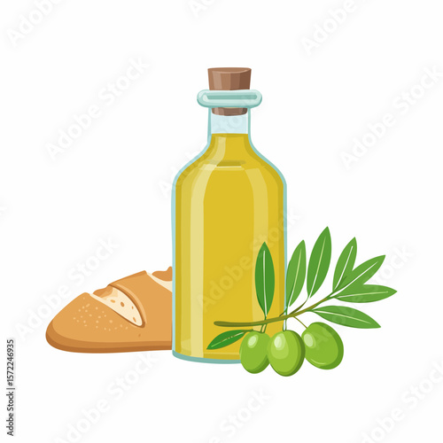 bottle of fresh olive oil with branch with green olives and ciabatta