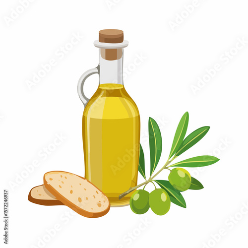 bottle of fresh olive oil with branch with green olives and ciabatta