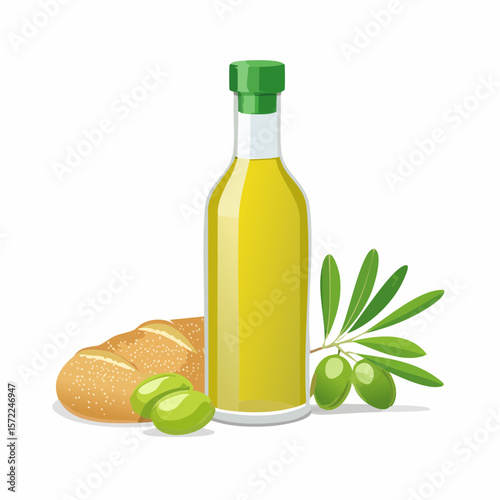 bottle of fresh olive oil with branch with green olives and ciabatta