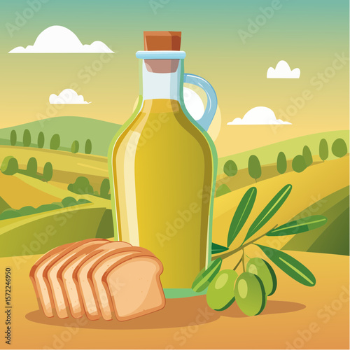 bottle of fresh olive oil with branch with green olives and ciabatta