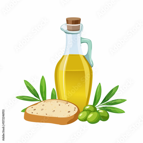 bottle of fresh olive oil with branch with green olives and ciabatta