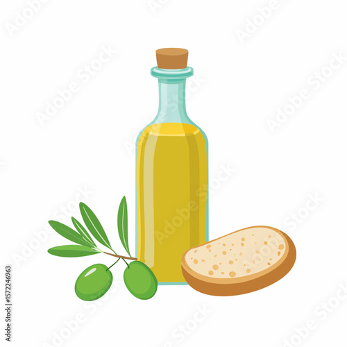 bottle of fresh olive oil with branch with green olives and ciabatta
