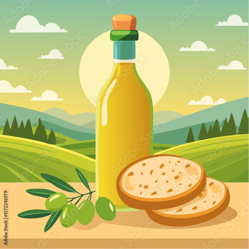bottle of fresh olive oil with branch with green olives and ciabatta