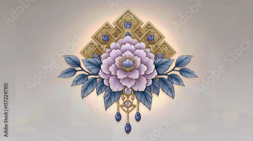 Intricate Gold Filigree and Purple Peony with Blue Gemstones