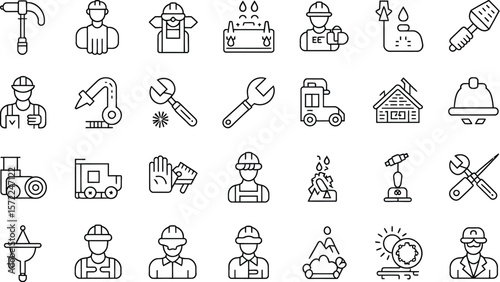 Line art illustration featuring various construction and engineering icons