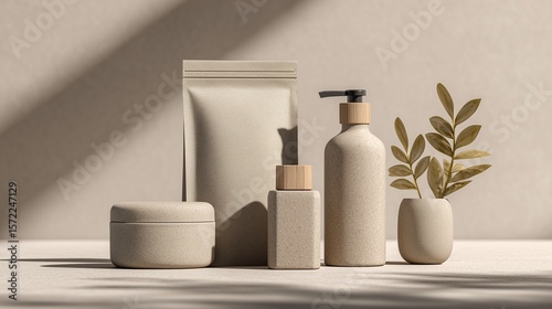 Eco-friendly cosmetic products and plants on beige background with copy space, advertising concept
