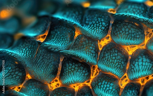 Close-up view of intricate, textured, teal and orange scales