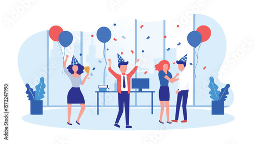 Office party scene with confetti balloons and people celebrating a special occasion together indoors today