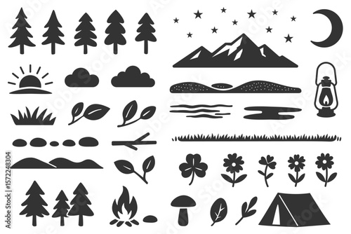 Outdoor and nature themed black silhouette icon set

