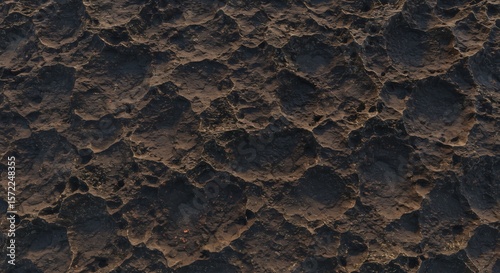 Closeup topdown view of a dark uneven rough textured surface with varied forms and shadows