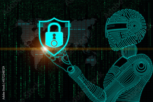 Cybersecurity concepts are visualized by a robot holding a shield with a lock against a digital backdrop